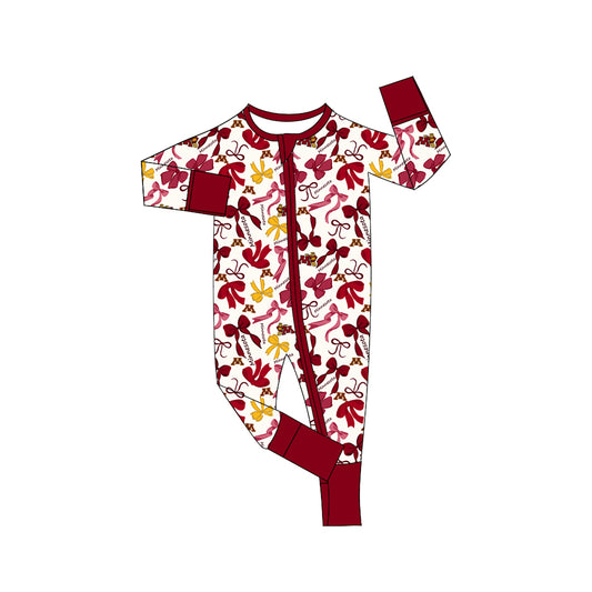 MOQ 3 pcs long sleeves M maroon bows baby team zip romper