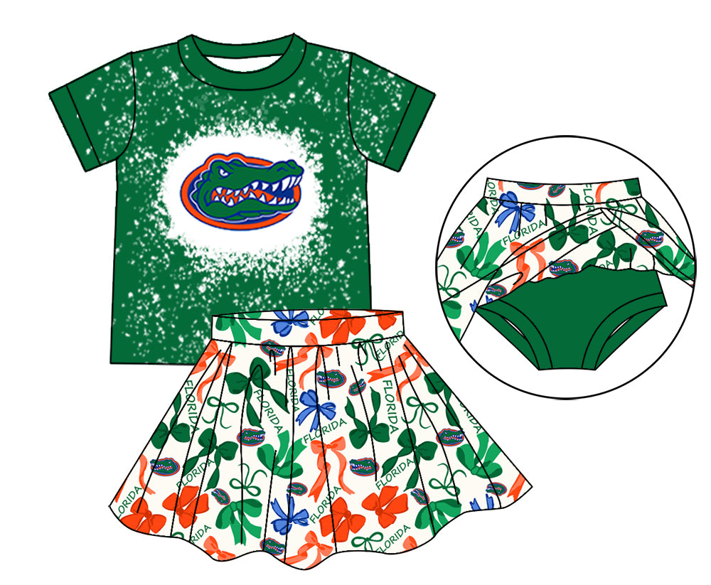 MOQ 3 pcs green crocodile bleached top bow skirt girls team outfits