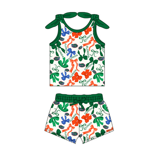 MOQ 3 pcs sleeveless crocodile bow top shorts girls team clothes