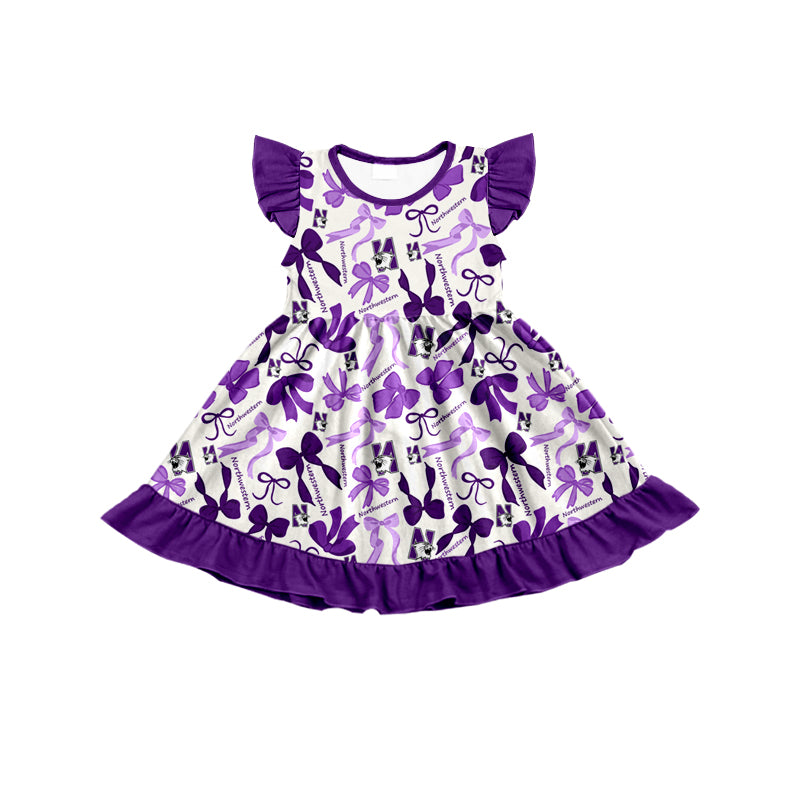 MOQ 3 pcs flutter sleeves N purple bows girls team dress