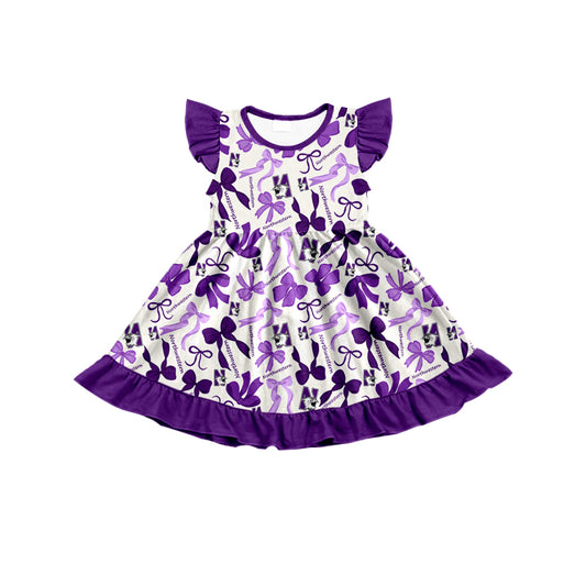 MOQ 3 pcs flutter sleeves N purple bows girls team dress