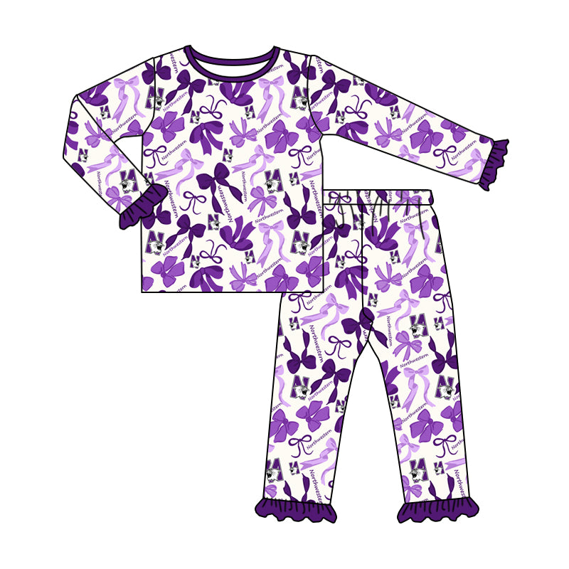 MOQ 3 Long sleeves N purple bow kids girls team pajamas