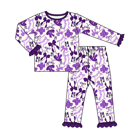 MOQ 3 Long sleeves N purple bow kids girls team pajamas