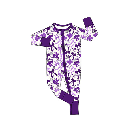 MOQ 3 pcs long sleeves N purple bows baby team zip romper