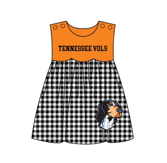 MOQ 5 pcs orange sleeveless black plaids dog print girls team dresses