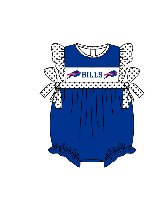 MOQ 5 pcs blue flying sleeves white polka dots bow BILLS baby girls team romper