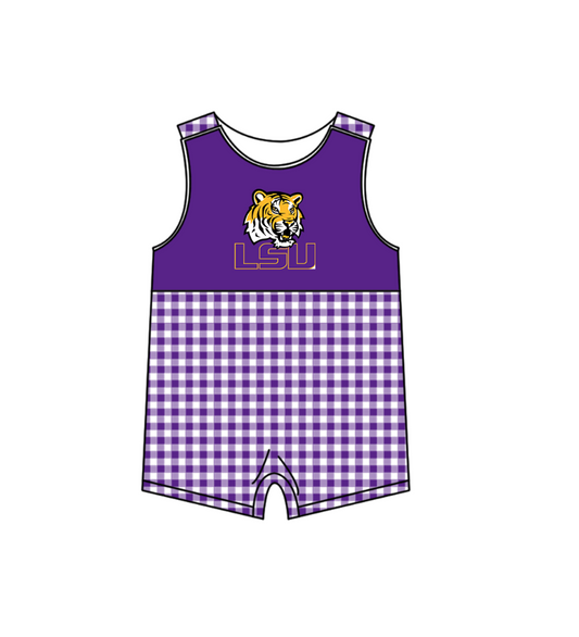 MOQ 5 pcs purple plaids sleeveless LSU baby boys team romper