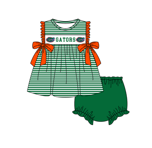 MOQ 5 pcs green stripe orange bow tunic bummies baby girls team set