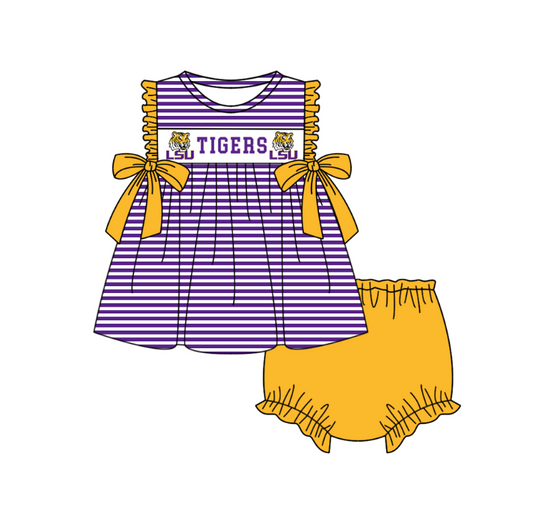 MOQ 5 pcs purple stripe yellow bow LSU tunic bummies baby girls team set