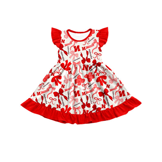 MOQ 3 pcs flutter sleeves N red bows girls team dress