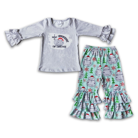 Hippopotamus screen print triple ruffle pants Christmas outfits