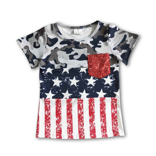 Camo star and stripe pocket girls 4th of july shirt