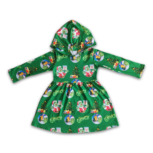 Green face long sleeve girls Christmas hoodie dresses