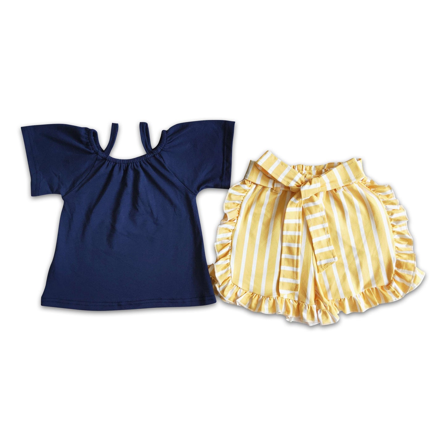 Navy shirt yellow stripe shorts girls outfits