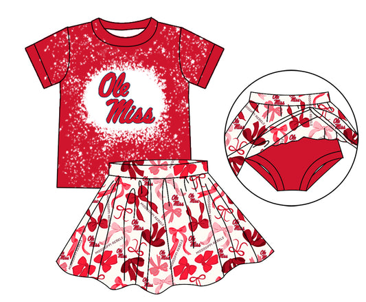 MOQ 3 pcs red O M bleached top bow skirt girls team outfits
