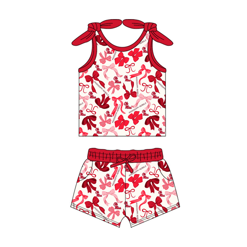 MOQ 3 pcs sleeveless O M bow top shorts girls team clothes