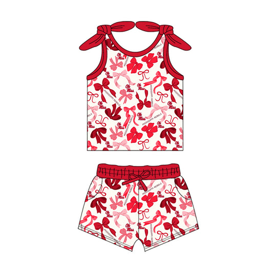 MOQ 3 pcs sleeveless O M bow top shorts girls team clothes