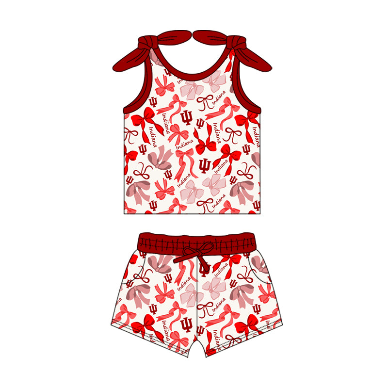 MOQ 3 pcs sleeveless I U red bow top shorts girls team clothes