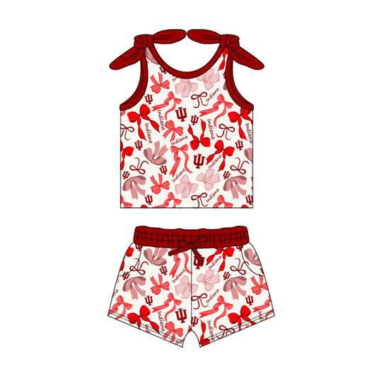 MOQ 3 pcs sleeveless I U red bow top shorts girls team clothes