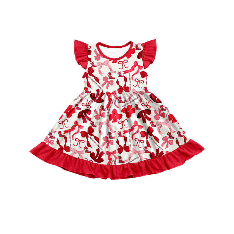 MOQ 3 pcs flutter sleeves red O M bows girls team dress
