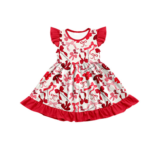 MOQ 3 pcs flutter sleeves red O M bows girls team dress