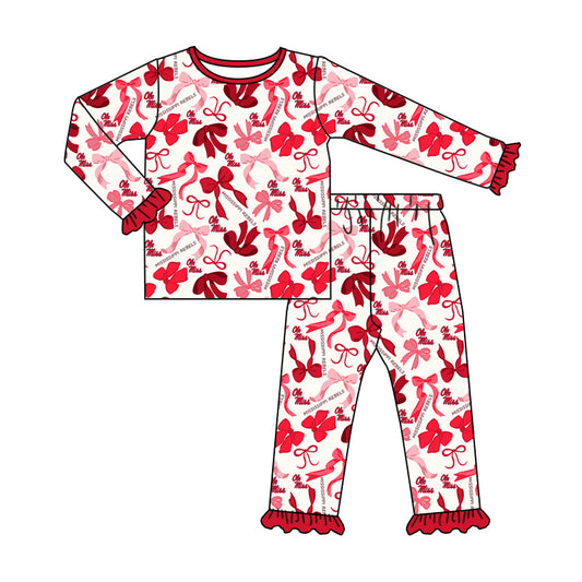 MOQ 3 Long sleeves O M red bow kids girls team pajamas