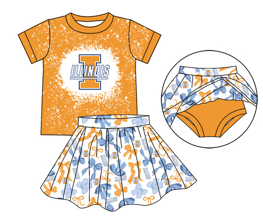 MOQ 3 pcs yellow I bleached top bow skirt girls team outfits