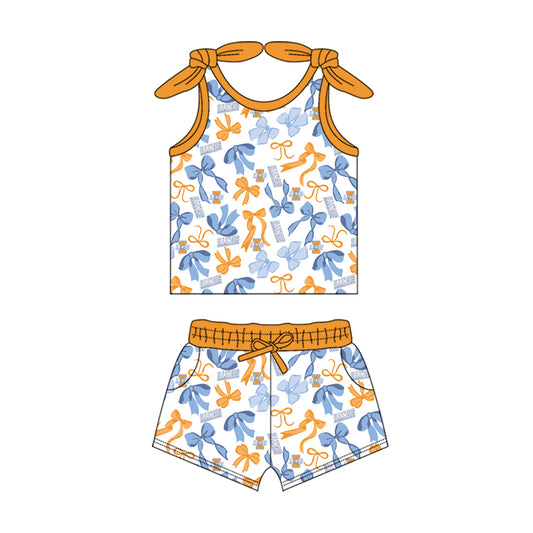 MOQ 3 pcs sleeveless I yellow bow top shorts girls team clothes