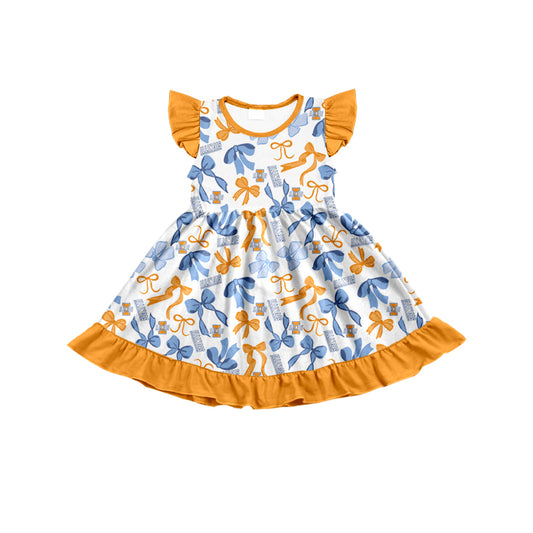 MOQ 3 pcs flutter sleeves I yellow bows girls team dress