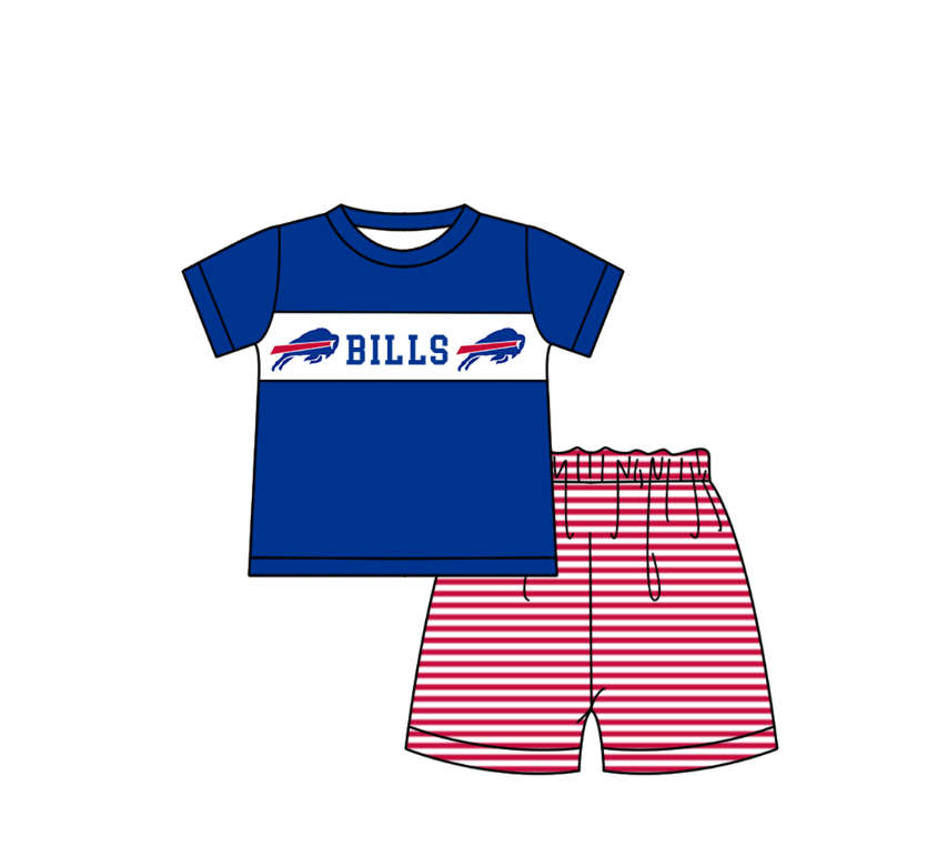 MOQ 5 pcs blue short sleeves B top red stripe shorts boys team outfit