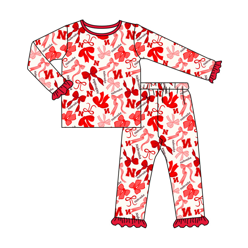 MOQ 3 Long sleeves N red bow kids girls team pajamas