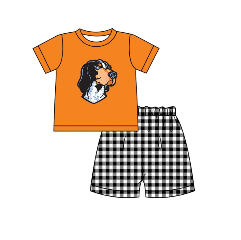 MOQ 5 pcs orange short sleeves dog print top black plaids shorts boys team outfit