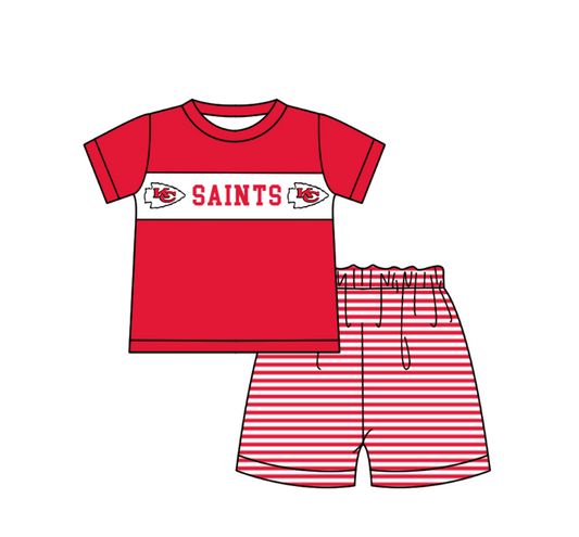 MOQ 5 pcs red short sleeves KC top stripe shorts boys team outfit