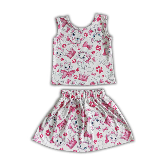 Cat print sleeveless shirt skirt baby girls clothing