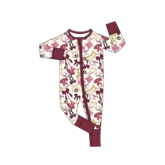 MOQ 3 pcs long sleeves feather bows baby team zip romper