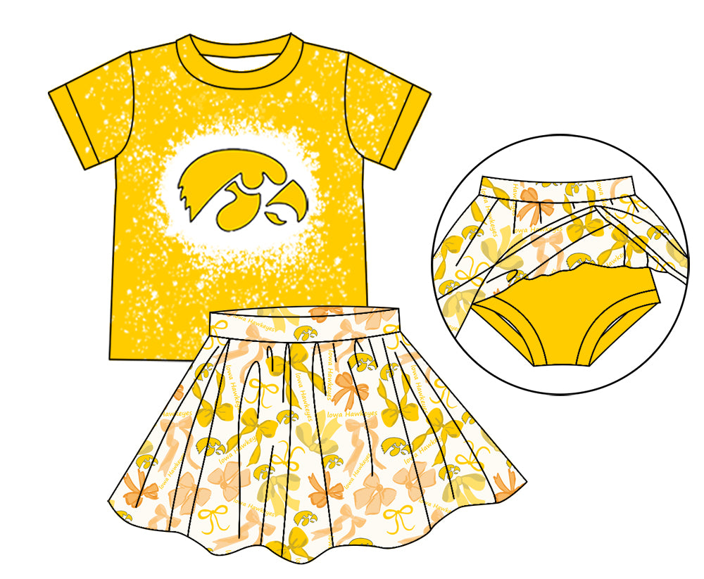 MOQ 3 pcs yellow bleached top bow skirt girls team outfits