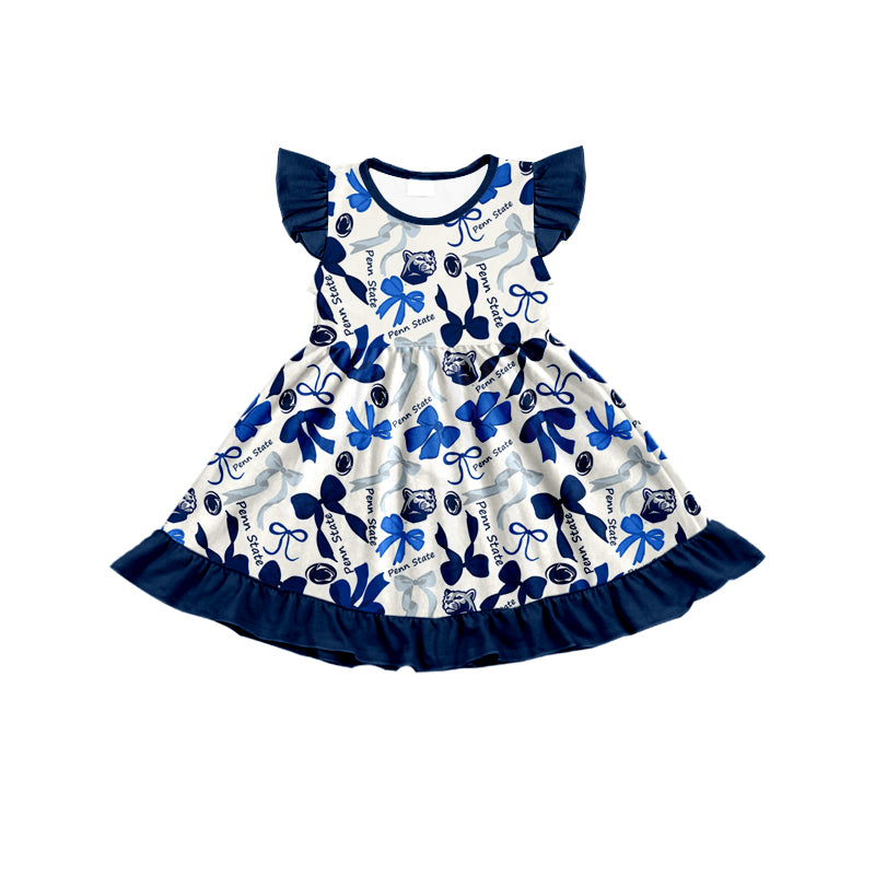 MOQ 3 pcs flutter sleeves blue bows girls team dress