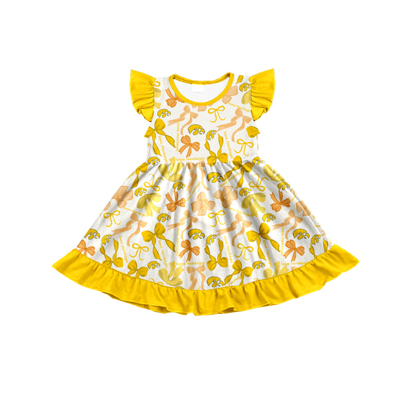 MOQ 3 pcs flutter sleeves yellow bows girls team dress