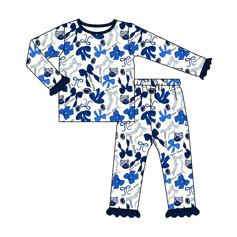 MOQ 3 Long sleeves blue bow kids girls team pajamas
