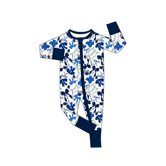MOQ 3 pcs long sleeves blue bows baby team zip romper