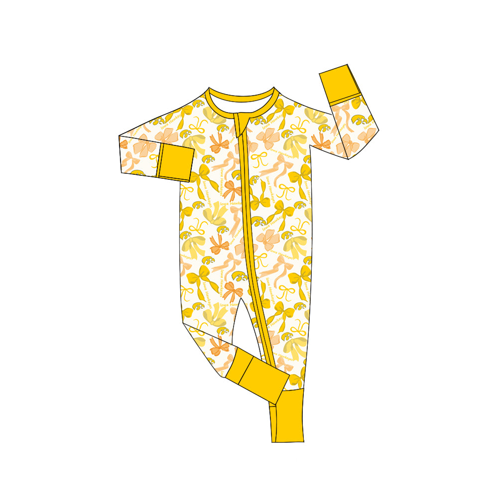 MOQ 3 pcs long sleeves yellow bows baby team zip romper