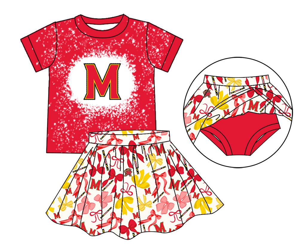 MOQ 3 pcs red M bleached top bow skirt girls team outfits