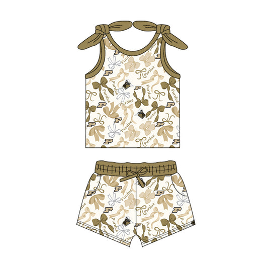 MOQ 3 pcs sleeveless P bow top shorts girls team clothes