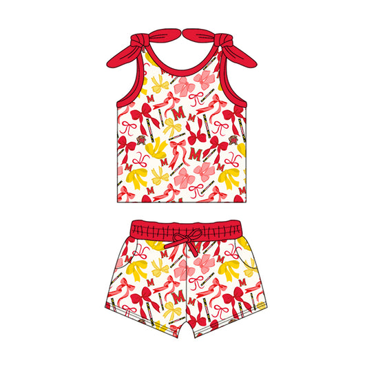 MOQ 3 pcs sleeveless M red bow top shorts girls team clothes