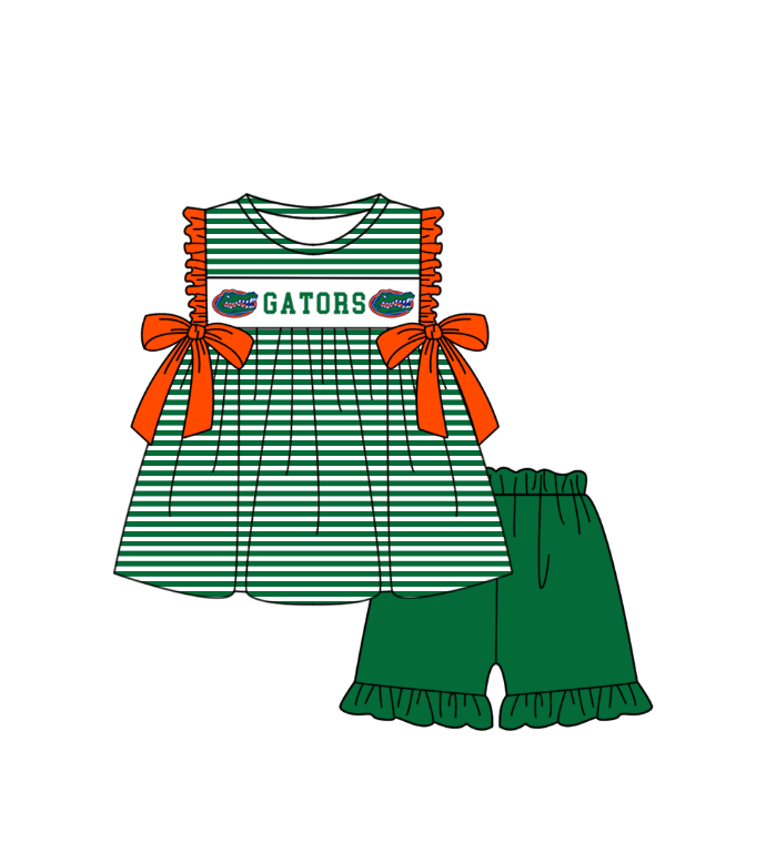 MOQ 5 pcs green stripe orange bow tunic ruffle shorts girls team outfit