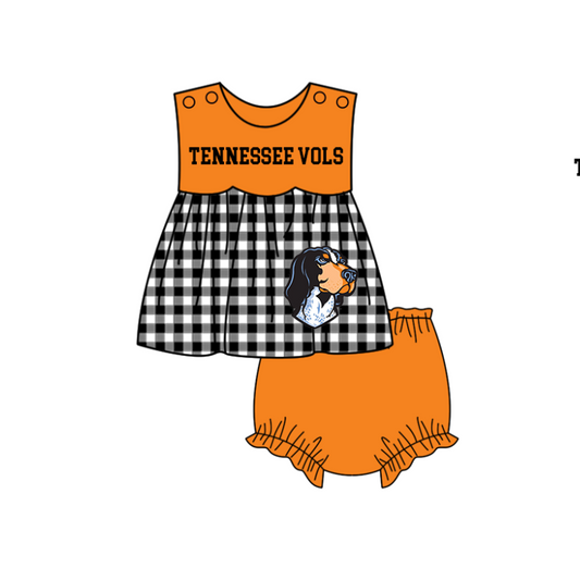 MOQ 5 pcs black plaids sleeveless dog print tunic orange bummies baby girls team set