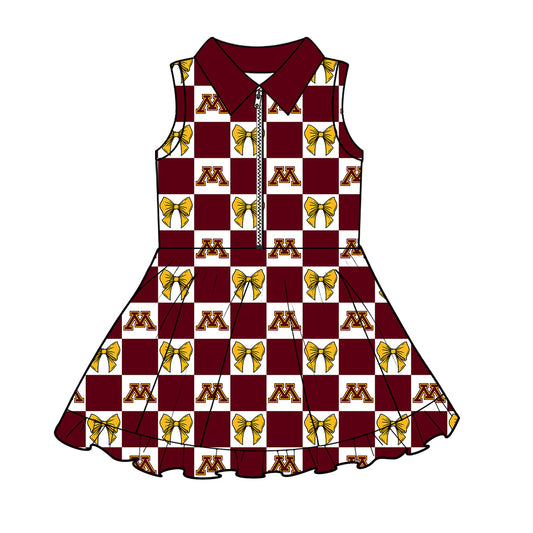 MOQ 5 pcs sleeveless plaid bow maroon M girls team athletic polo dress