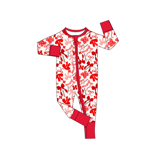MOQ 3 pcs long sleeves N red bows baby team zip romper