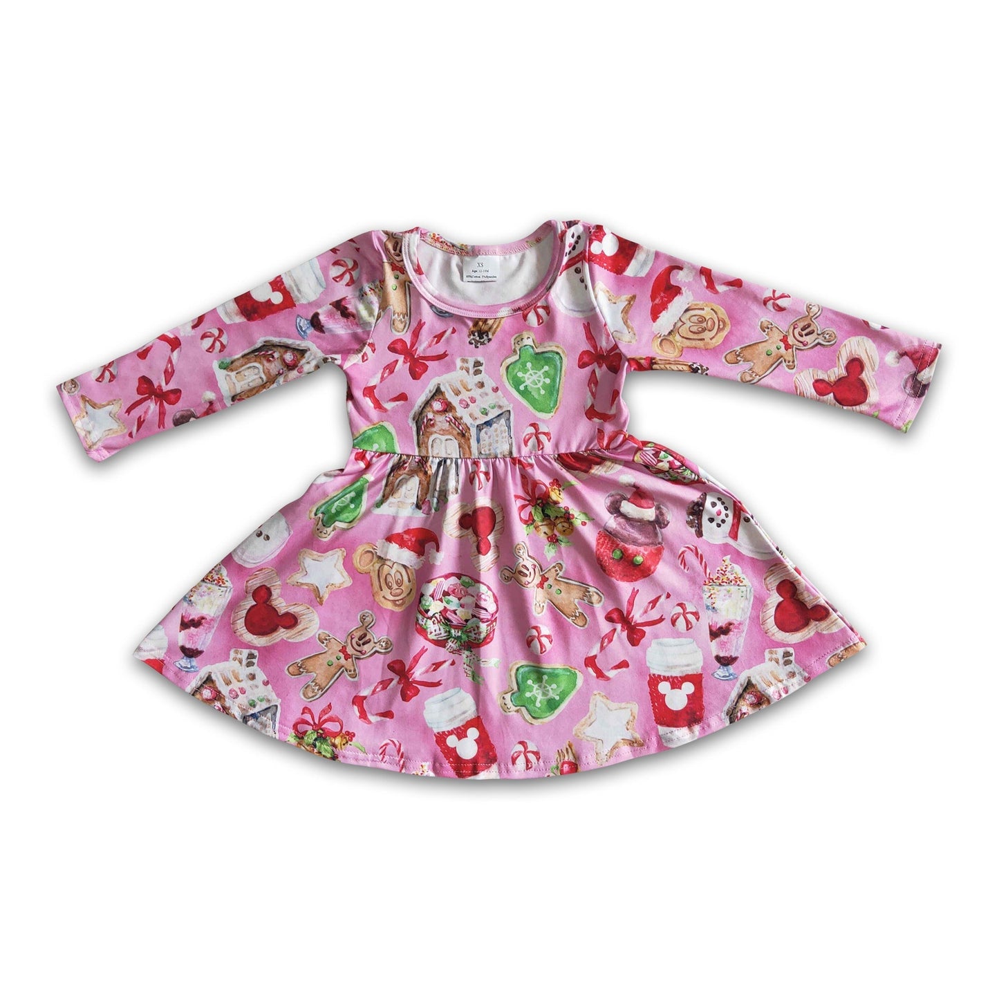 Pink gingerbread snack long sleeve girls Christmas twirl dresses