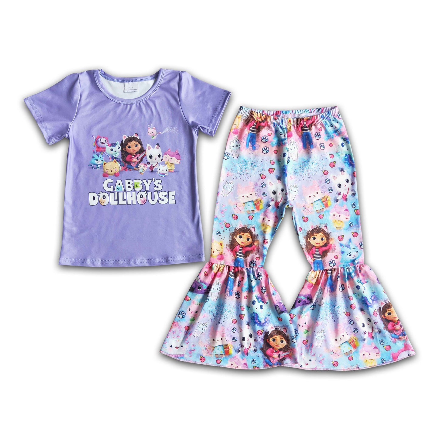 Cute cat print short sleeve bell bottom pants set girls clothing set